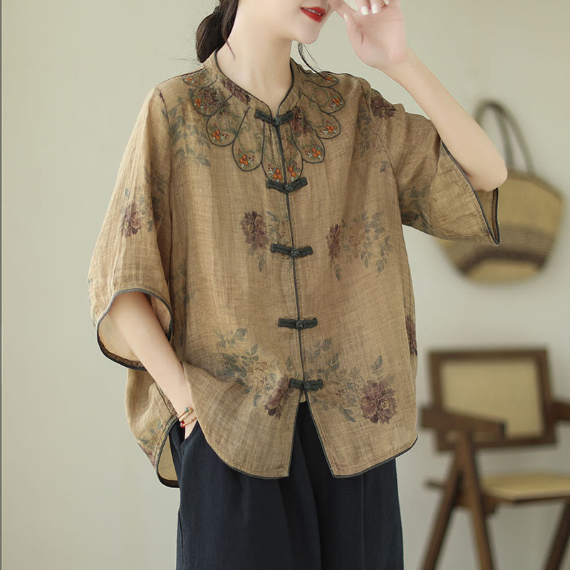 Chemise en coton et lin à imprimé de fleurs violettes et boutons de grenouille avec Buddha Stones - image 2