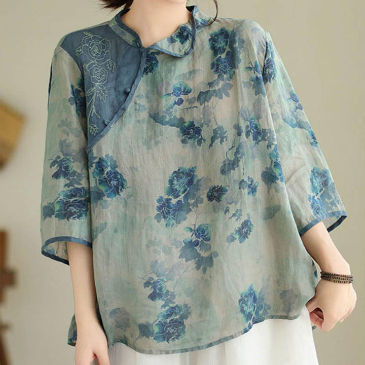 Chemise en lin ramie à manches trois-quarts et motif fleurs de jacaranda bleu grande taille Buddha Stones - US16，UK/AU20，EU48 (3XL) - image 1