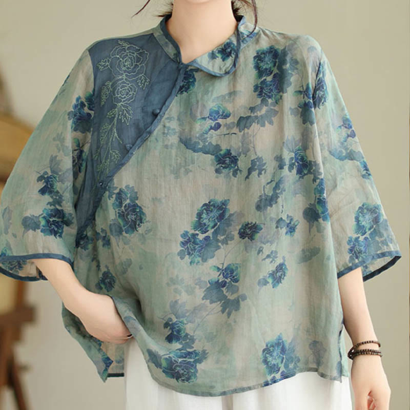 Chemise en lin ramie à manches trois-quarts et motif fleurs de jacaranda bleu grande taille Buddha Stones - image 4