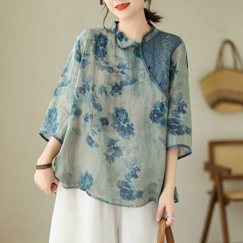 Chemise en lin ramie à manches trois-quarts et motif fleurs de jacaranda bleu grande taille Buddha Stones - image 10