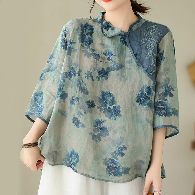 Chemise en lin ramie à manches trois-quarts et motif fleurs de jacaranda bleu grande taille Buddha Stones - image 8