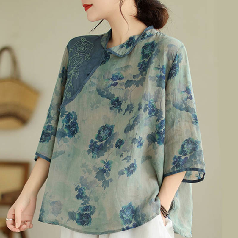 Chemise en lin ramie à manches trois-quarts et motif fleurs de jacaranda bleu grande taille Buddha Stones - image 5