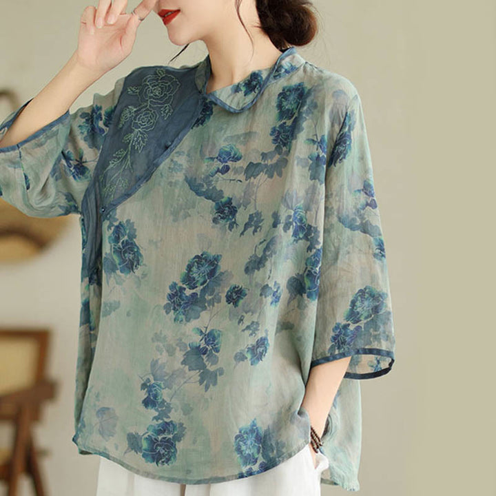 T-shirt à manches trois-quarts Buddha Stones GRANDES TAILLES, motif fleur de jacaranda bleue - image 2
