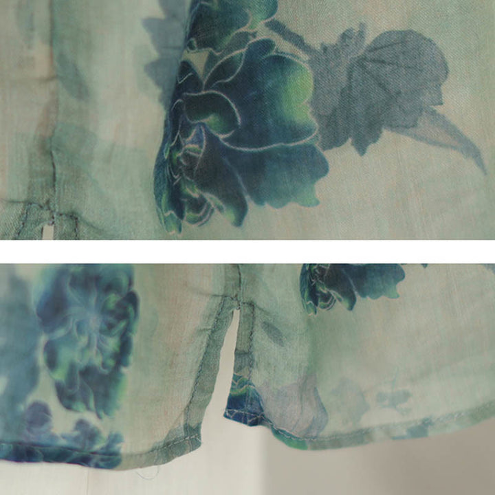 Chemise en lin ramie à manches trois-quarts et motif fleurs de jacaranda bleu grande taille Buddha Stones - image 12