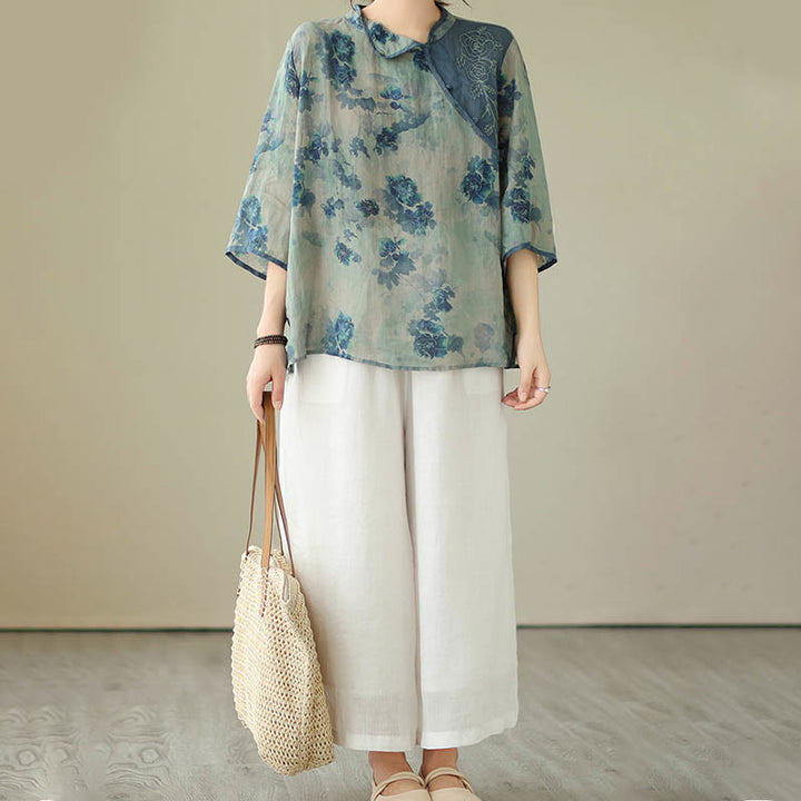 Chemise en lin ramie à manches trois-quarts et motif fleurs de jacaranda bleu grande taille Buddha Stones - image 14