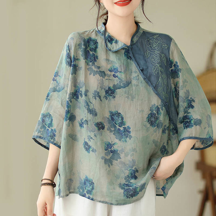 Chemise en lin ramie à manches trois-quarts et motif fleurs de jacaranda bleu grande taille Buddha Stones - image 2
