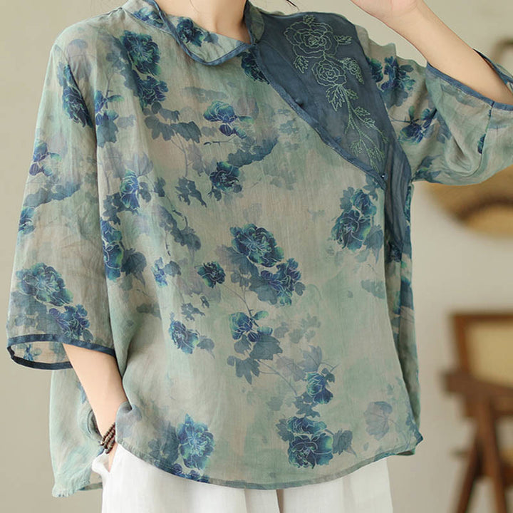 Chemise en lin ramie à manches trois-quarts et motif fleurs de jacaranda bleu grande taille Buddha Stones - image 9