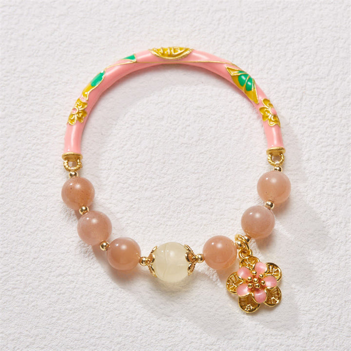 Bracelet de richesse avec breloque en forme de fleur de jade et de soie dorée en pierre naturelle de Buddha Stones