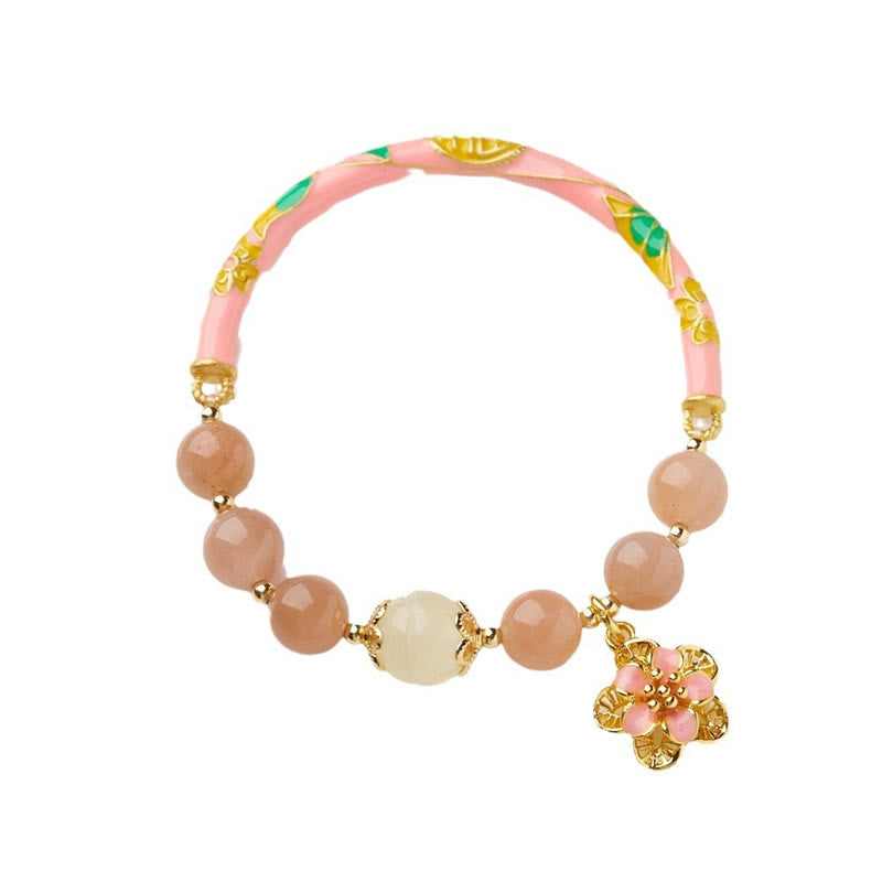 Bracelet de richesse avec breloque en forme de fleur de jade et de soie dorée en pierre naturelle de Buddha Stones