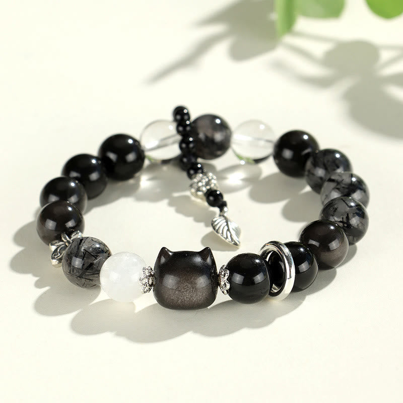Bracelet de protection planète renard tête de chat en obsidienne naturelle argentée et brillante Buddha Stones - Tête de chat en obsidienne argentée (tour de poignet 14-16,5 cm) - image 2