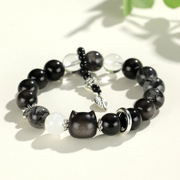 Bracelet de protection planète renard tête de chat en obsidienne naturelle argentée et brillante Buddha Stones - Tête de chat en obsidienne argentée (tour de poignet 14-16,5 cm) - image 2