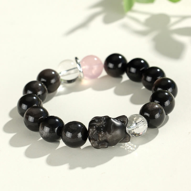Bracelet de protection planète renard tête de chat en obsidienne naturelle argentée et brillante Buddha Stones - Renard en obsidienne argenté (circonférence du poignet 14-16,5 cm) - image 6