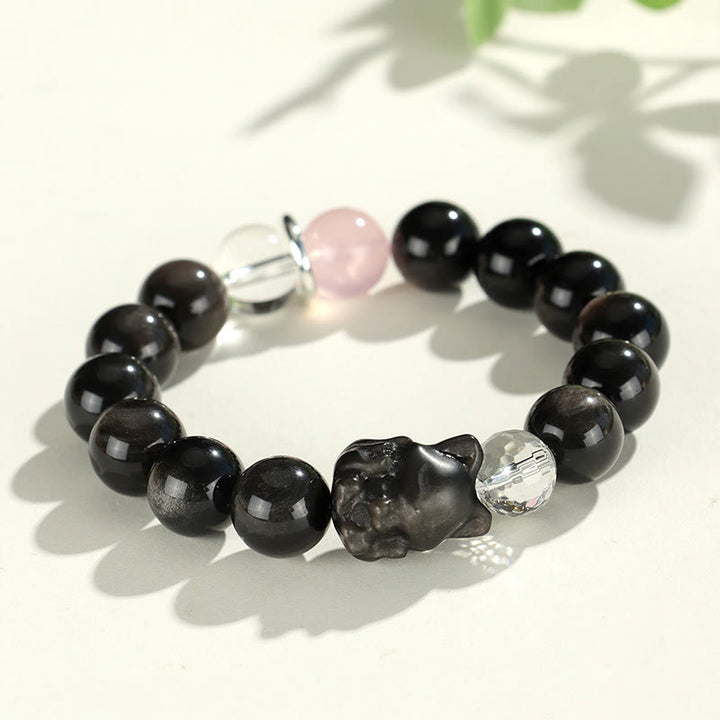 Bracelet de protection planète renard tête de chat en obsidienne naturelle argentée et brillante Buddha Stones - Renard en obsidienne argenté (circonférence du poignet 14-16,5 cm) - image 6