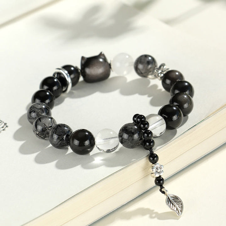 Bracelet de protection planète renard tête de chat en obsidienne naturelle argentée et brillante Buddha Stones - image 3
