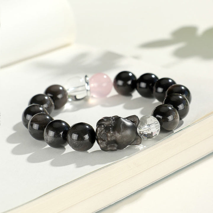 Bracelet de protection planète renard tête de chat en obsidienne naturelle argentée et brillante Buddha Stones - image 7