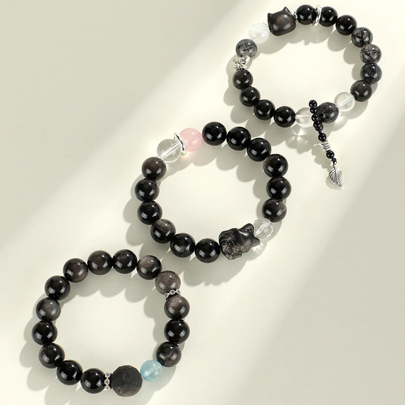 Bracelet de protection planète renard tête de chat en obsidienne naturelle argentée et brillante Buddha Stones - image 12