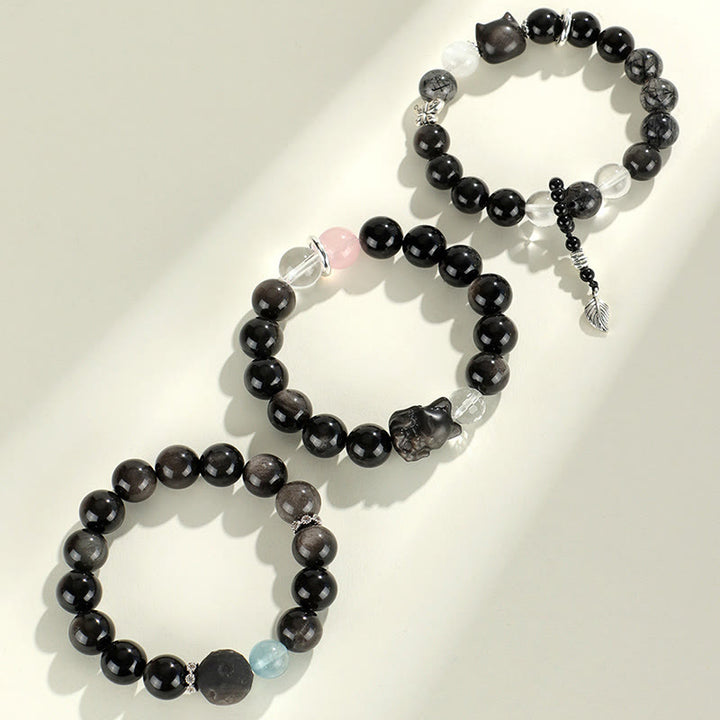 Bracelet de protection planète renard tête de chat en obsidienne naturelle argentée et brillante Buddha Stones - image 12