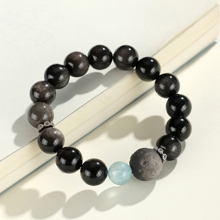 Bracelet de protection planète renard tête de chat en obsidienne naturelle argentée et brillante Buddha Stones - image 9