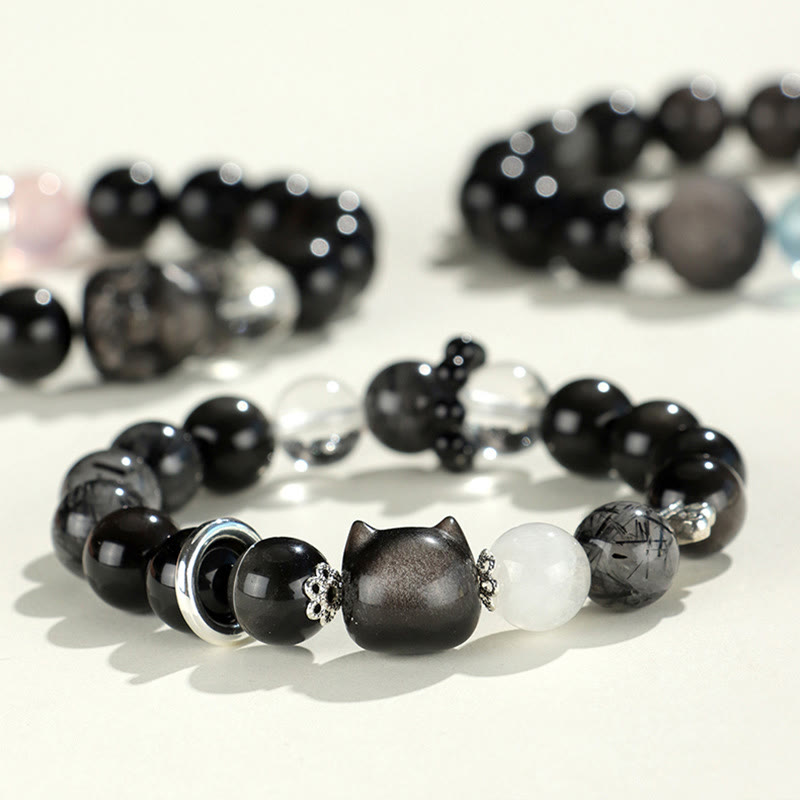 Bracelet de protection planète renard tête de chat en obsidienne naturelle argentée et brillante Buddha Stones - image 1