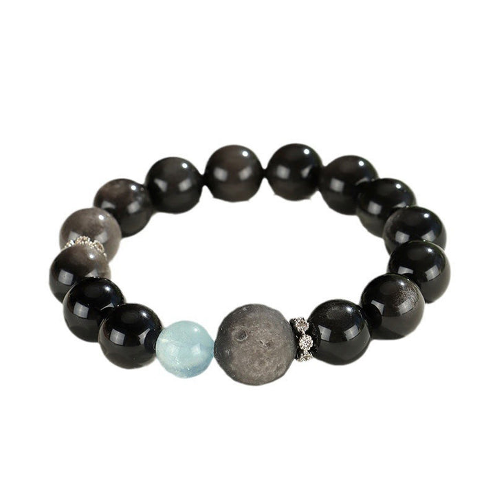 Bracelet de protection planète renard tête de chat en obsidienne naturelle argentée et brillante Buddha Stones - image 11