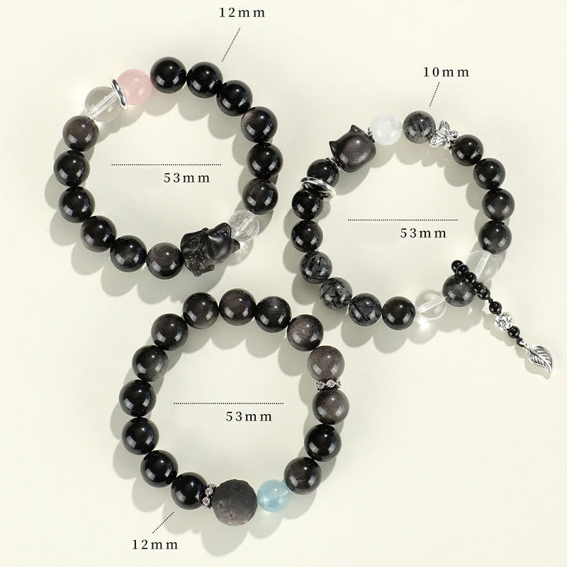Bracelet de protection planète renard tête de chat en obsidienne naturelle argentée et brillante Buddha Stones - image 14