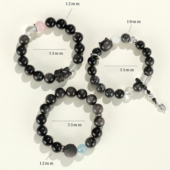 Bracelet de protection planète renard tête de chat en obsidienne naturelle argentée et brillante Buddha Stones - image 14