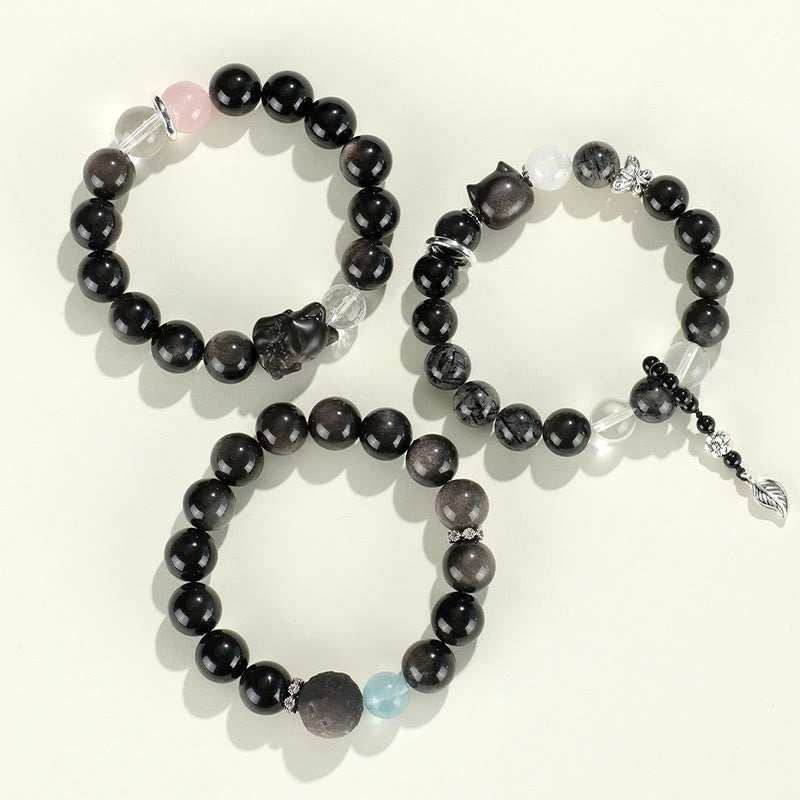 Bracelet de protection planète renard tête de chat en obsidienne naturelle argentée et brillante Buddha Stones - image 13