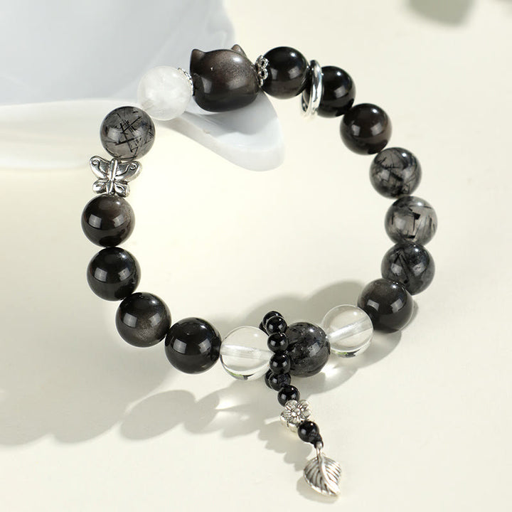 Bracelet de protection planète renard tête de chat en obsidienne naturelle argentée et brillante Buddha Stones - image 4