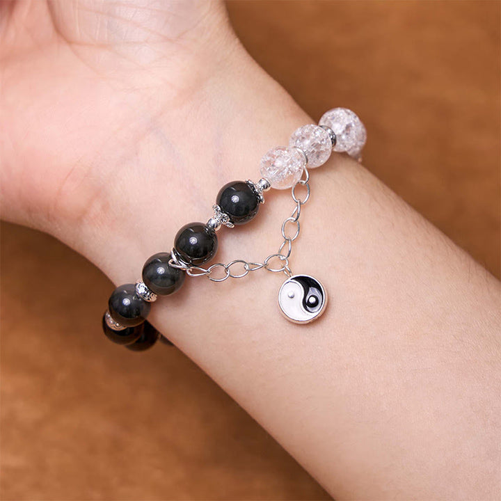 Bracelet de protection Yin Yang Lotus en quartz transparent craquelé et obsidienne argentée et brillante de Buddha Stones