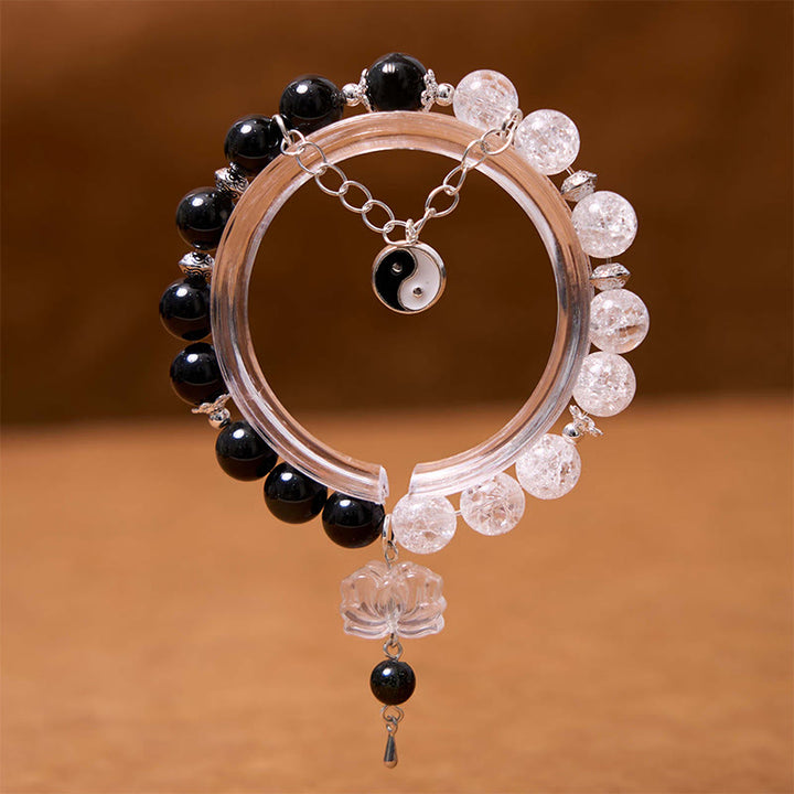 Bracelet de protection Yin Yang Lotus en quartz transparent craquelé et obsidienne argentée et brillante de Buddha Stones
