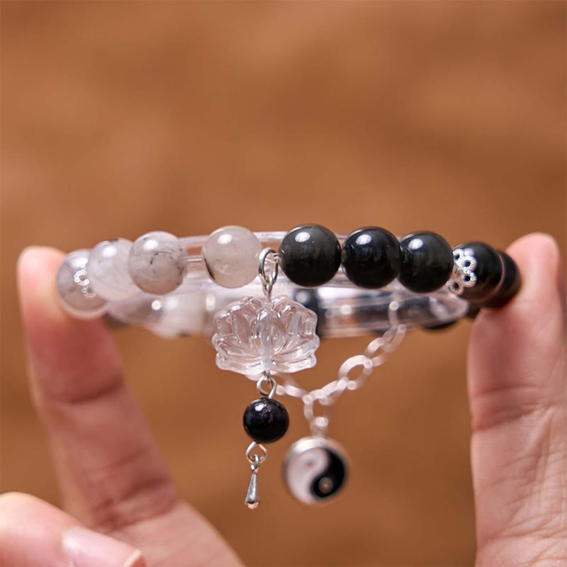 Bracelet de protection Yin Yang Lotus en quartz transparent craquelé et obsidienne argentée et brillante de Buddha Stones