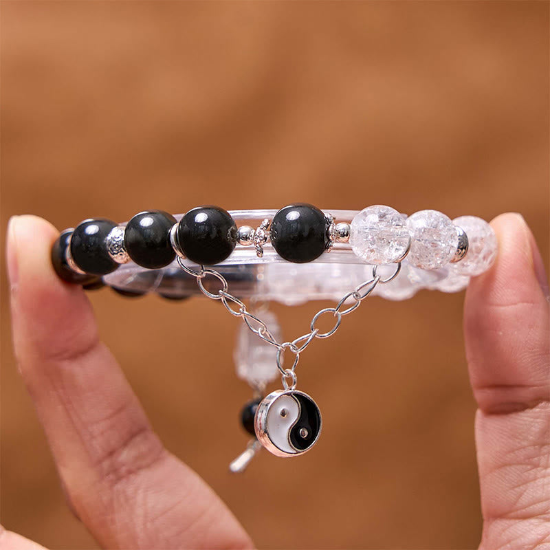 Bracelet de protection Yin Yang Lotus en quartz transparent craquelé et obsidienne argentée et brillante de Buddha Stones