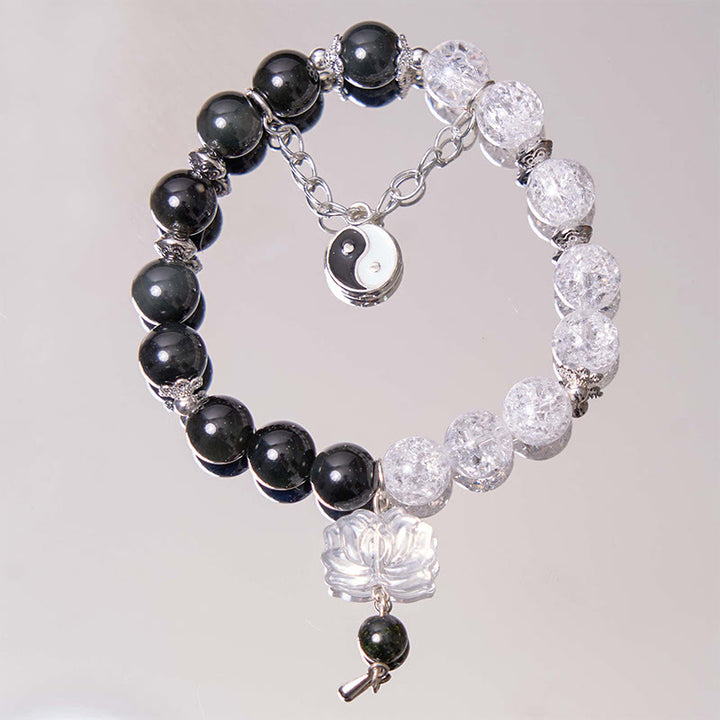 Bracelet de protection Yin Yang Lotus en quartz transparent craquelé et obsidienne argentée et brillante de Buddha Stones