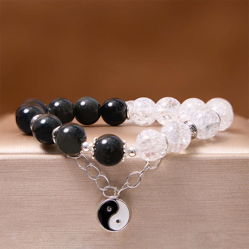 Bracelet de protection Yin Yang Lotus en quartz transparent craquelé et obsidienne argentée et brillante de Buddha Stones