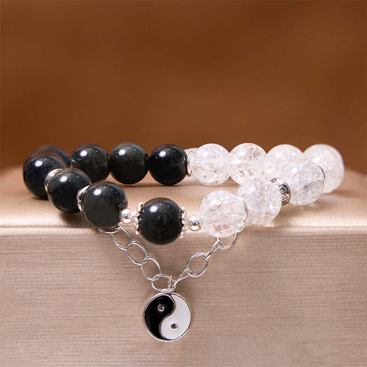 Bracelet de protection Yin Yang Lotus en quartz transparent craquelé et obsidienne argentée et brillante de Buddha Stones