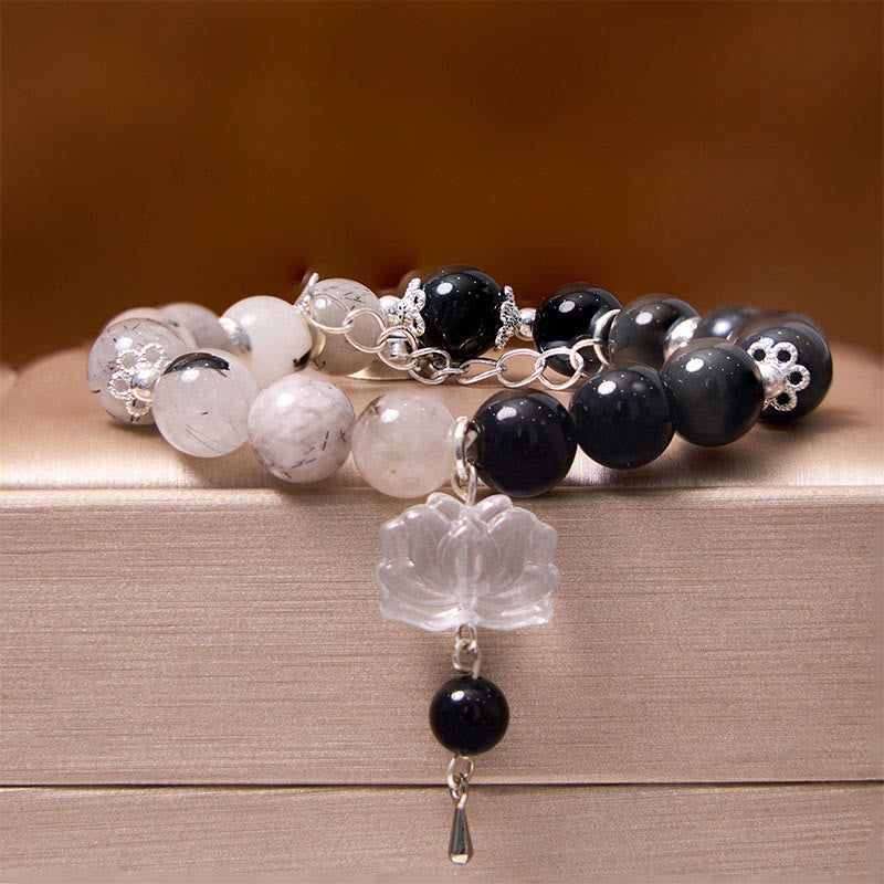 Bracelet de protection Yin Yang Lotus en quartz transparent craquelé et obsidienne argentée et brillante de Buddha Stones