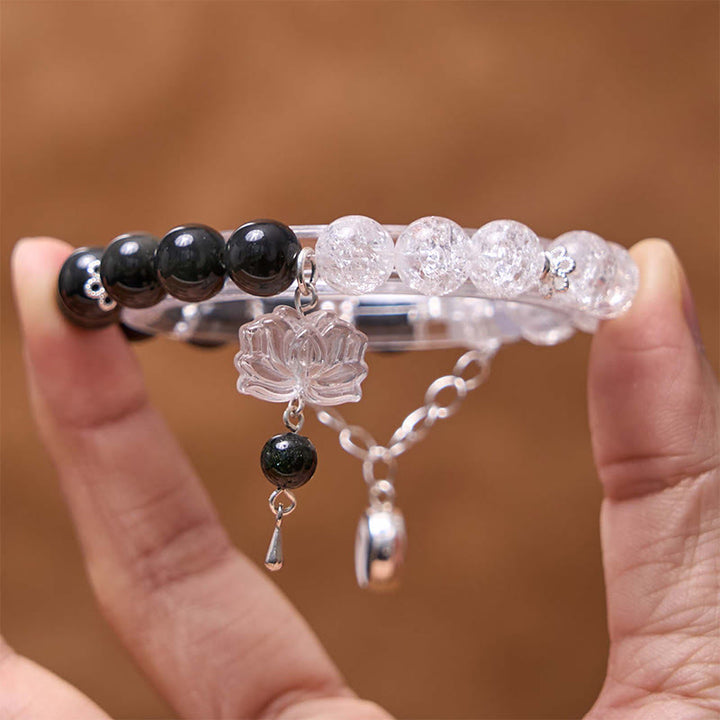 Bracelet de protection Yin Yang Lotus en quartz transparent craquelé et obsidienne argentée et brillante de Buddha Stones