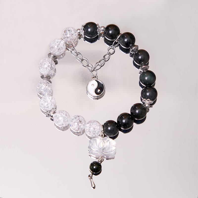 Bracelet de protection Yin Yang Lotus en quartz transparent craquelé et obsidienne argentée et brillante de Buddha Stones