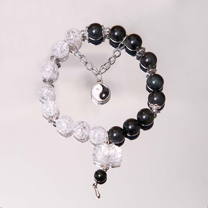 Bracelet de protection Yin Yang Lotus en quartz transparent craquelé et obsidienne argentée et brillante de Buddha Stones