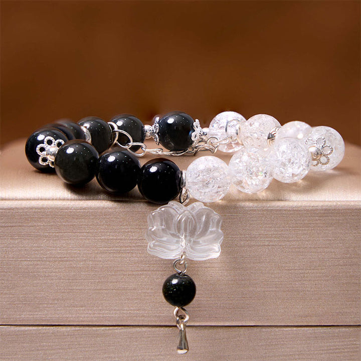 Bracelet de protection Yin Yang Lotus en quartz transparent craquelé et obsidienne argentée et brillante de Buddha Stones