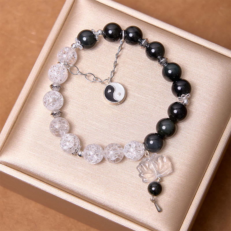 Bracelet de protection Yin Yang Lotus en quartz transparent craquelé et obsidienne argentée et brillante de Buddha Stones