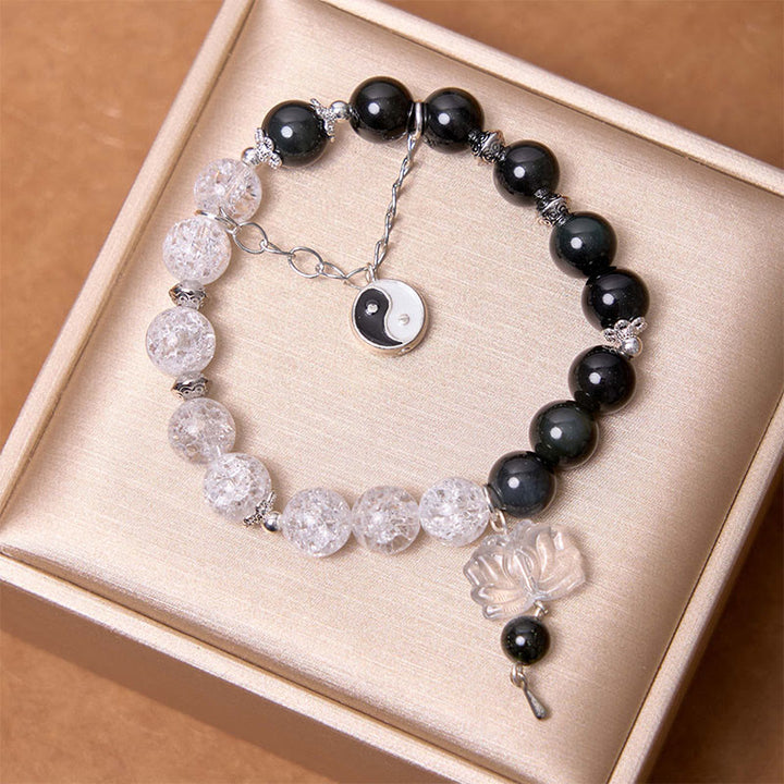 Bracelet de protection Yin Yang Lotus en quartz transparent craquelé et obsidienne argentée et brillante de Buddha Stones