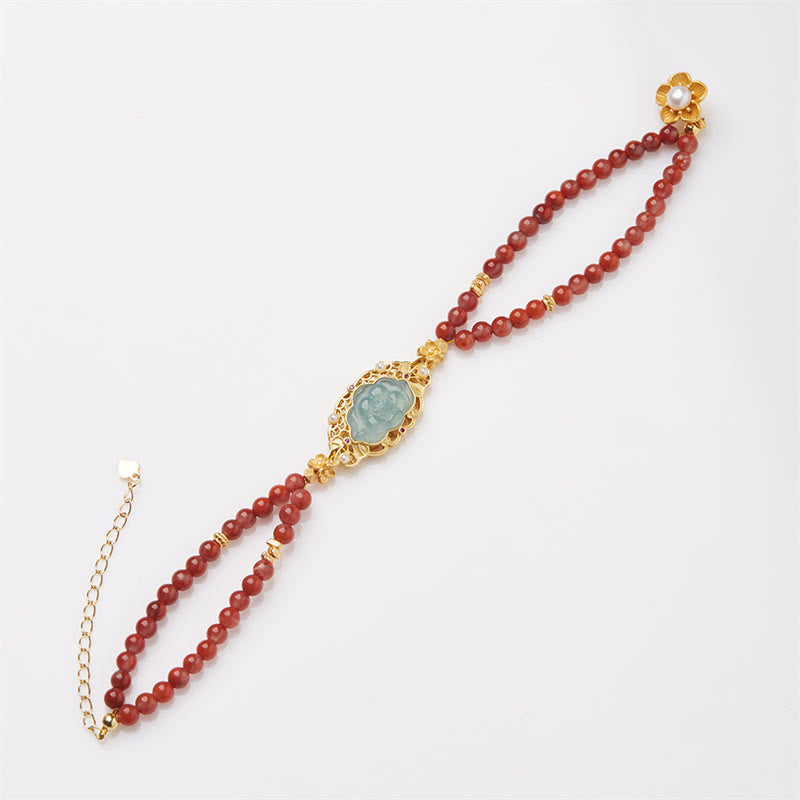 Bracelet double couche calme en agate rouge naturelle et jade lotus en argent sterling 925 plaqué or avec Buddha Stones