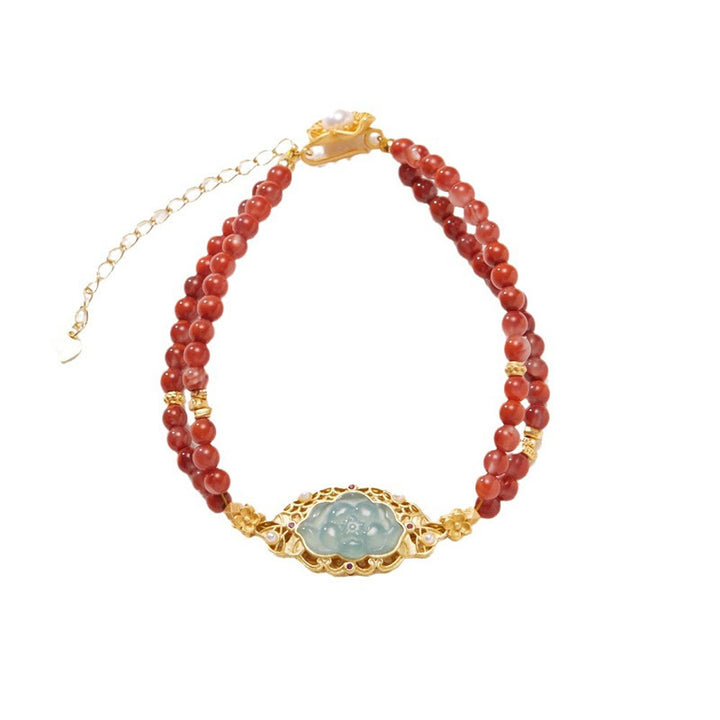 Bracelet double couche calme en agate rouge naturelle et jade lotus en argent sterling 925 plaqué or avec Buddha Stones