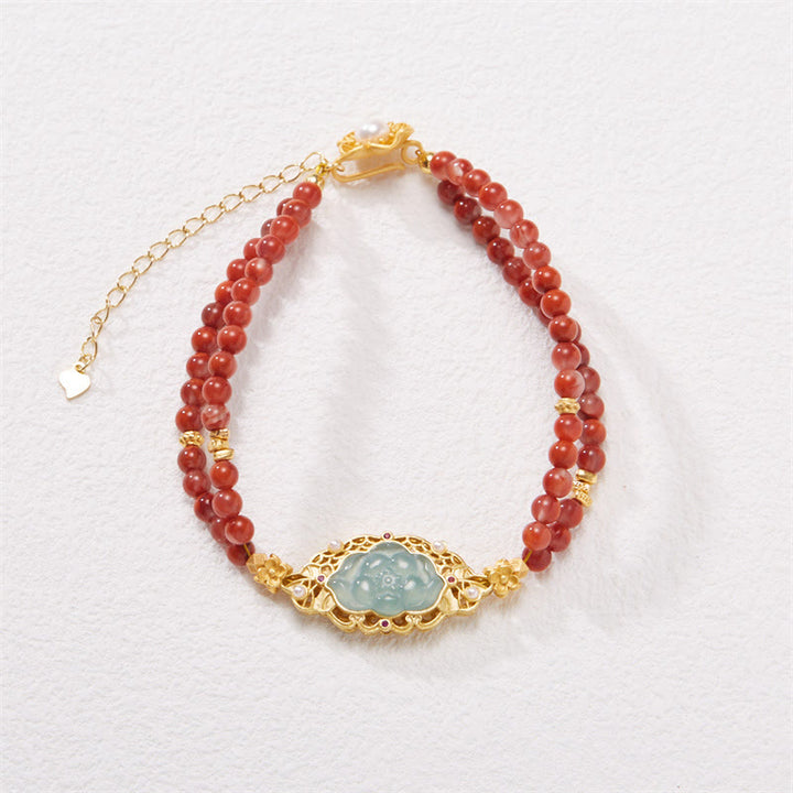 Bracelet double couche calme en agate rouge naturelle et jade lotus en argent sterling 925 plaqué or avec Buddha Stones