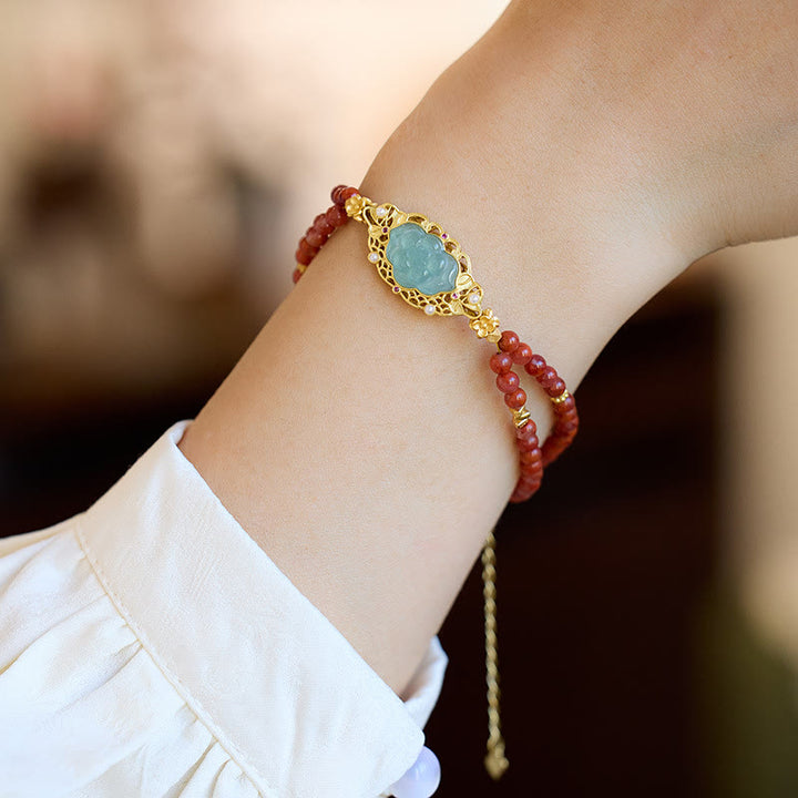 Bracelet double couche calme en agate rouge naturelle et jade lotus en argent sterling 925 plaqué or avec Buddha Stones