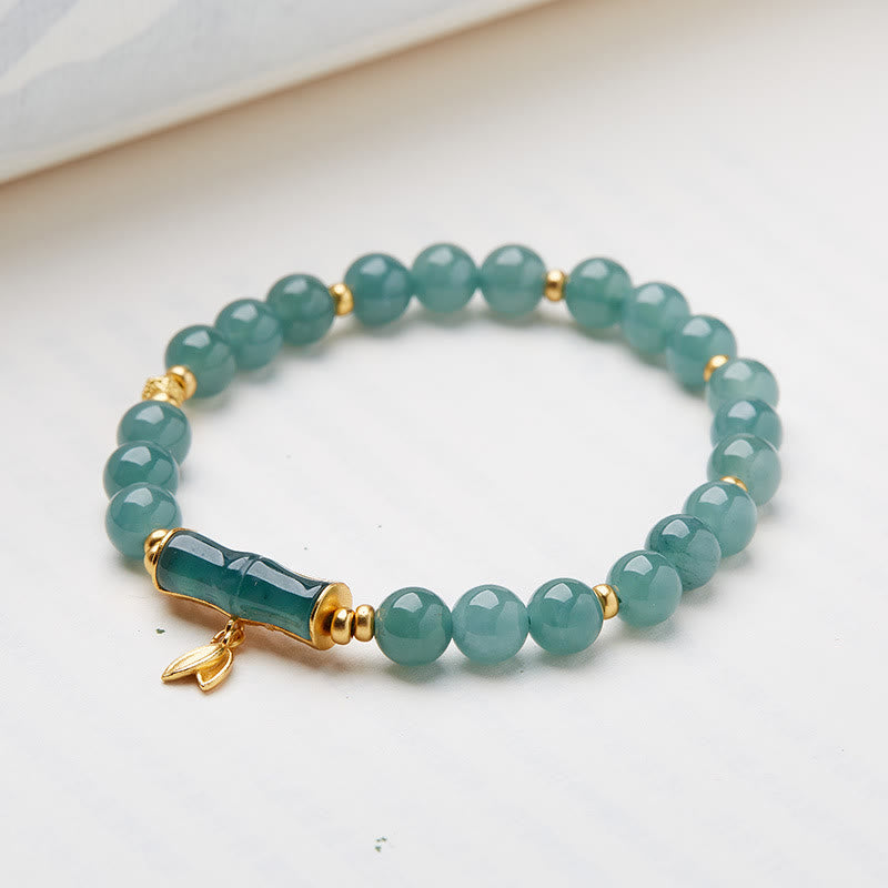 Bracelet porte-bonheur en jade vert naturel et bambou en argent sterling 925 plaqué or avec Buddha Stones