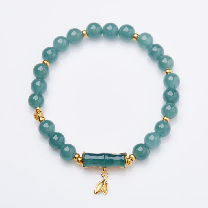 Bracelet porte-bonheur en jade vert naturel et bambou en argent sterling 925 plaqué or avec Buddha Stones