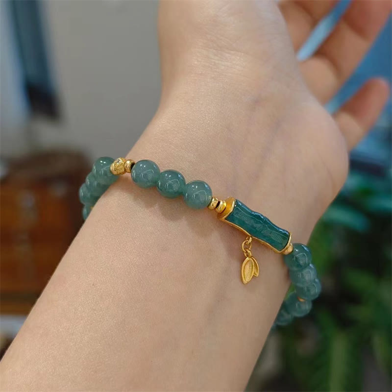 Bracelet porte-bonheur en jade vert naturel et bambou en argent sterling 925 plaqué or avec Buddha Stones