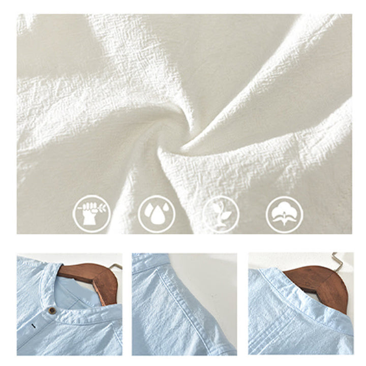 Chemise à manches courtes et demi-bouton en coton et lin pour homme, couleur unie, Buddha Stones - image 14